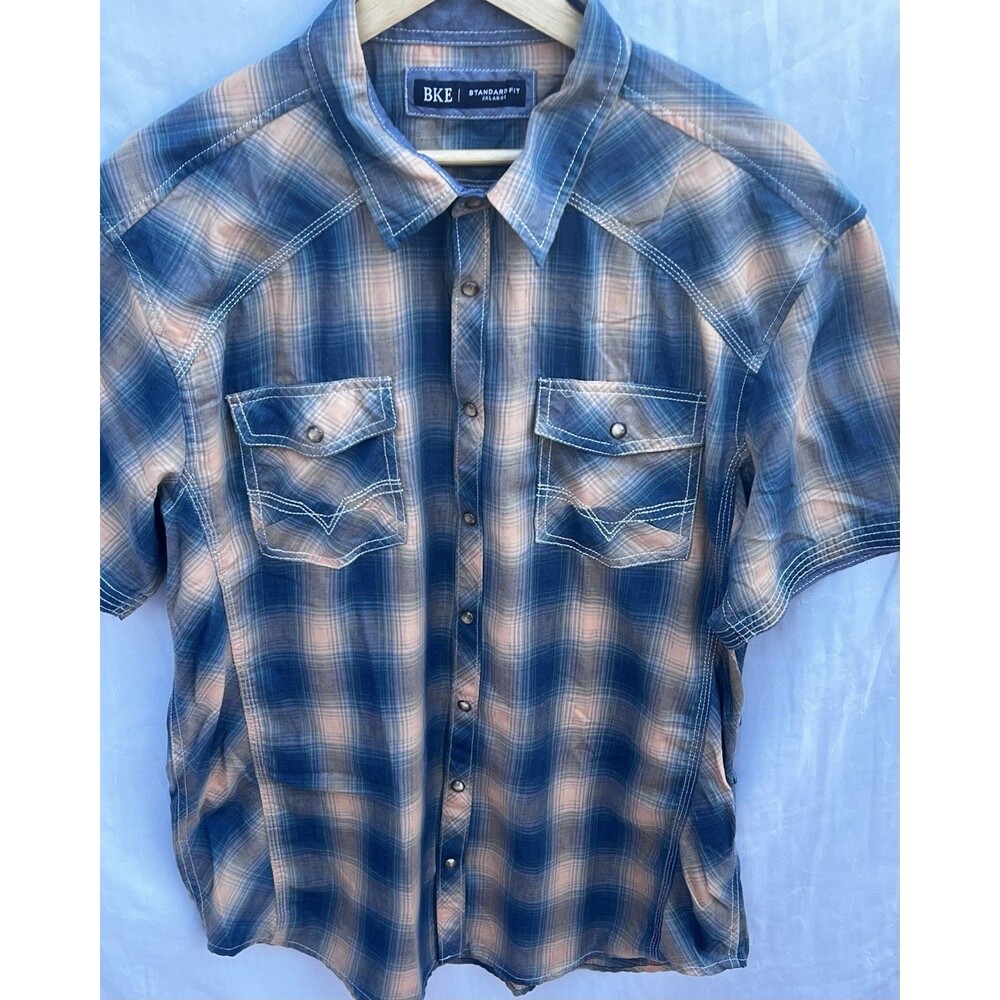 BKE XL Western Pearl Snap Plaid Shirt Y2K Cowboy Blue Dusty Coral Buckle